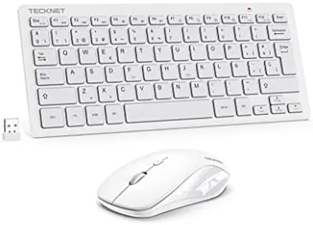 Pack TECKNET teclado y ratón inalámbrico mini en color negro mate sobre escritorio compacto, vista superior con disposición de teclas tipo tijera