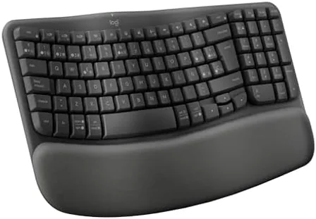 Vista superior del teclado Logitech Wave Keys mostrando la curvatura ondulada de las filas de teclas