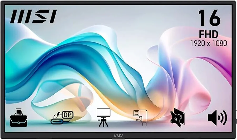 MSI Pro MP165A E6 Monitor portátil de 15,6" FHD, 1920 x 1080 IPS, 60 Hz, 4 ms, protección Ocular, Altavoz/micrófono Integrado, HDMI 2.0b, USB C (15 WPD), Montaje Vesa, Negro